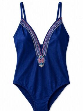 Design Lab Lord & Taylor Royal Blue One-Piece Swimsuit with Pink Embroidery XL